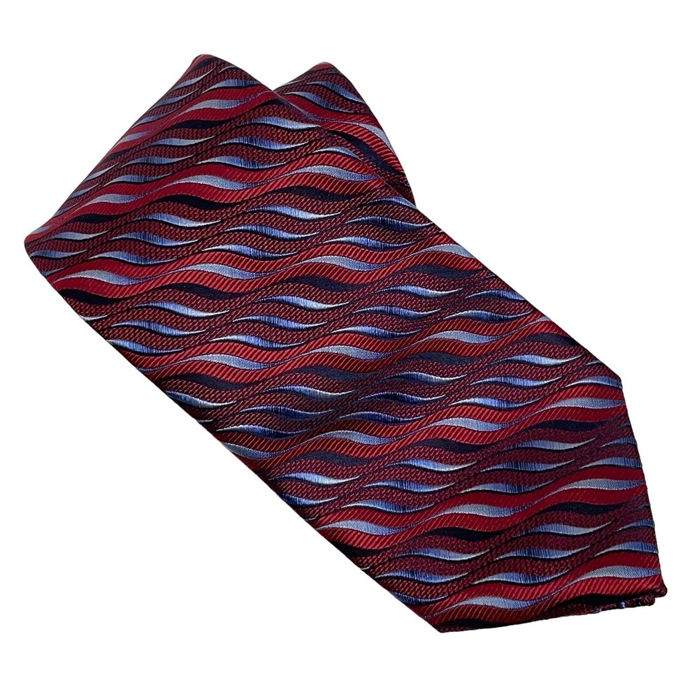 NWOT ENRO Luxury Designer Tie 100% Silk Blue Red Wavy Striped‎ Necktie